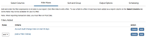 Filter Rows tab showing an Account Audit Change Date filter in the last 30 days and the option to add additional filters